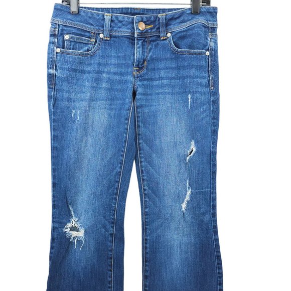 American Eagle Jeans Slim Boot Distressed Women Size 6 Stretch LowRise Dark Wash - Picture 6 of 12